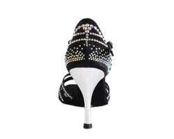 Rückansicht der L9-Tanzschuhe von Lidmag aus schwarzem Satin-Strass mit glitzernden Verzierungen und weißem Absatz.