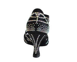 Lidmags L9-Tanzschuhe in schwarzem Satin-Strass mit Glitzerverzierungen, von hinten gesehen.