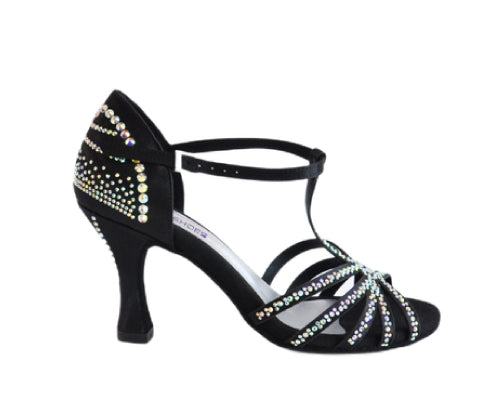 Lidmags L9 Tanzschuhe in Black Satin Strass, High Heels mit Riemchen und Strassverzierungen.