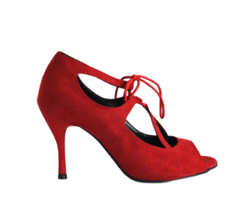 754 Red Suede von Alvares Tanzschuhe: rotes Wildleder, offene Zehenpartie, hoher Absatz zum Schnüren, elegante Seitenansicht auf Weiß.