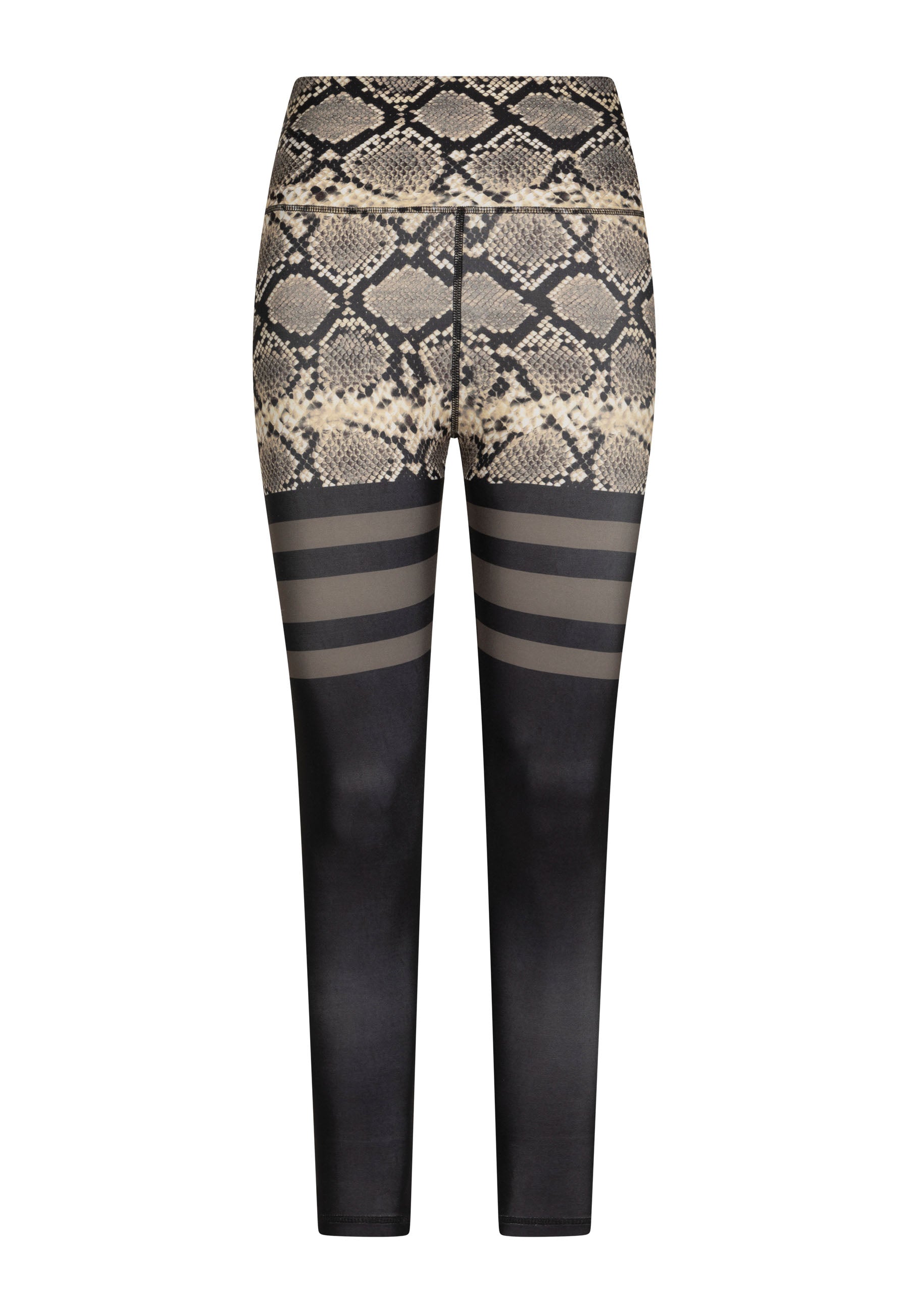 892 Extra High Waist Leggings in Grün Snake von Lismina, mit schickem Schlangenhaut- und schwarz-beigem Streifendesign.