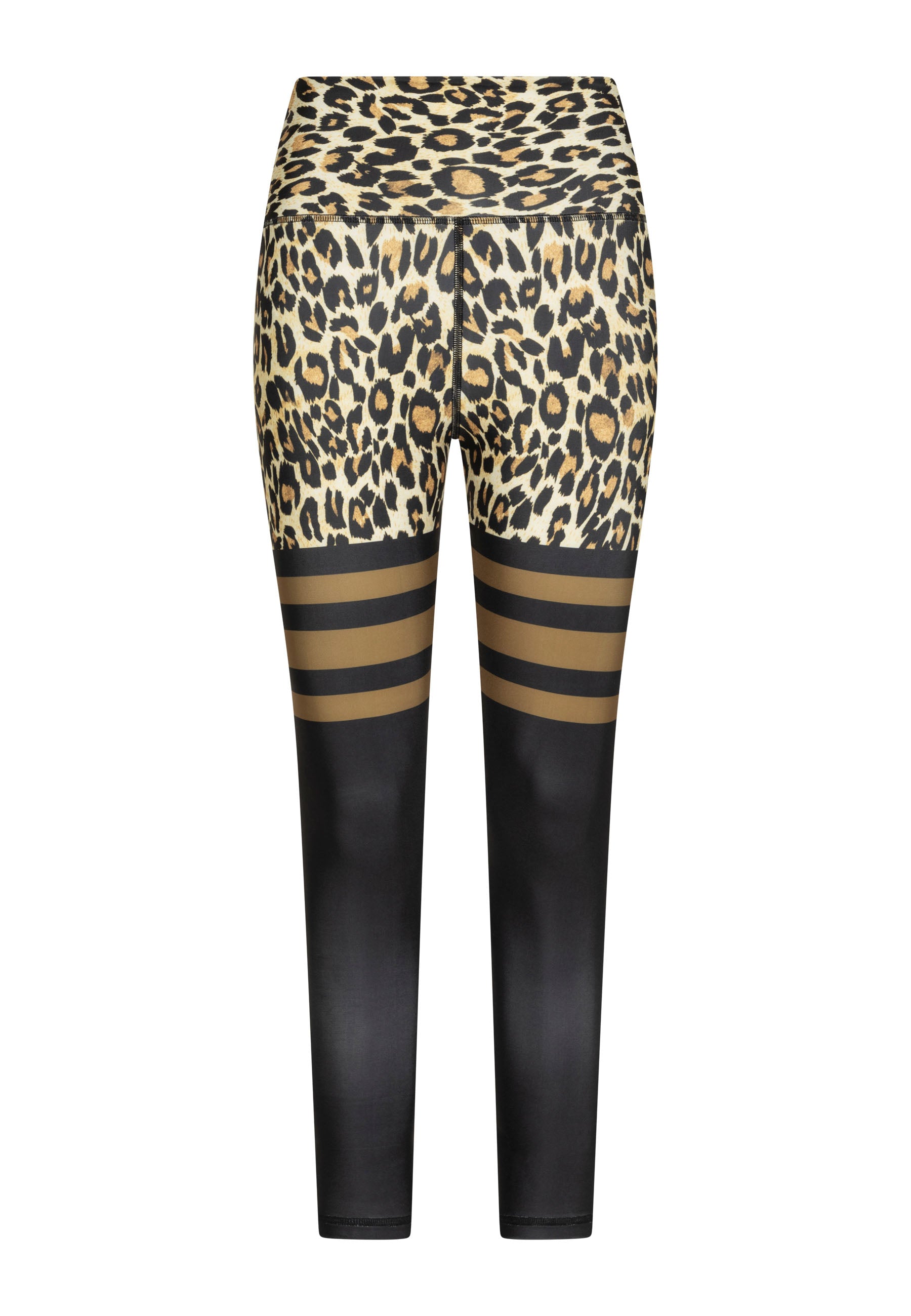 Leggings Lismina 893 im Leopardenmuster mit extra hoher Taille und schwarz-goldenen Wadenstreifen, Rückansicht.
