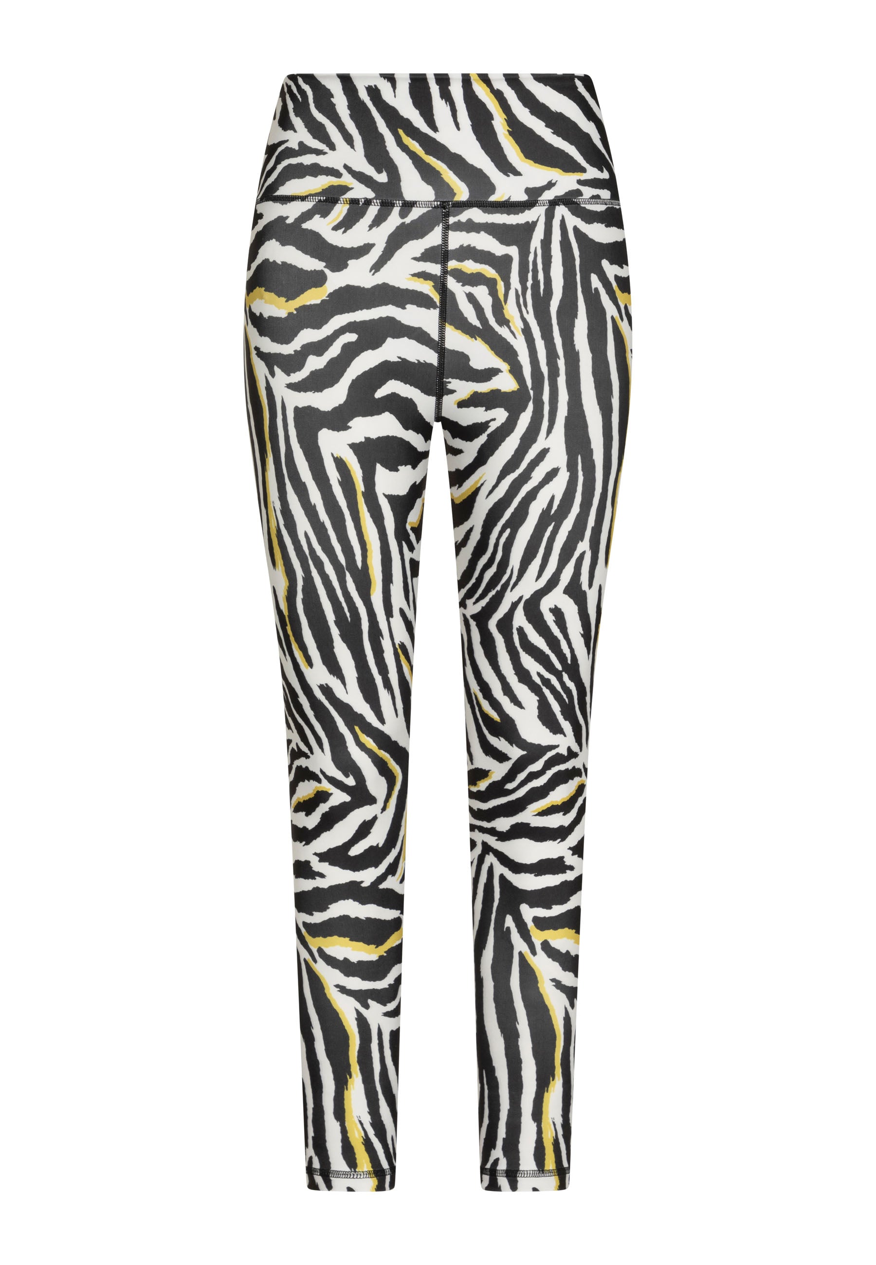 Lismina 273 Leggings mit extra hoher Taille in Schwarz und Weiss, Zebramuster mit schwarzen, weißen und gelben Streifen auf Weiß.