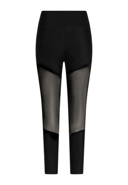 Die Leggings 1005 von Lismina in Schwarz haben eine hohe Taille, Knöchellänge und Tülldetails am Oberschenkel.