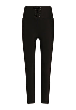 Lismina 211 schwarze Extra High Waist Leggings mit Bändel am Bund, Frontansicht.