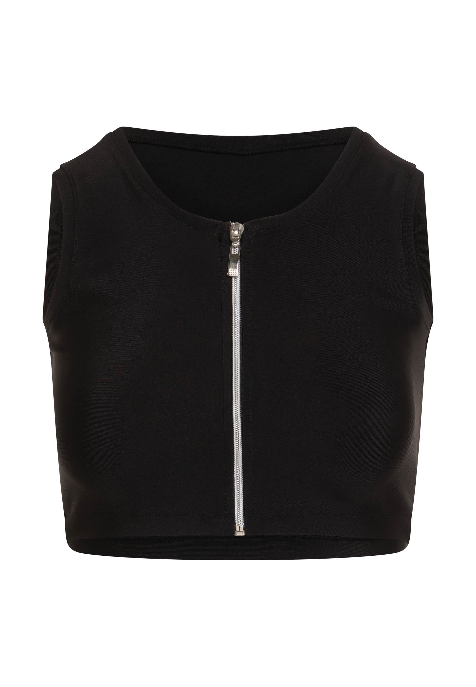 Lismina 109 Sport Bra With Zipper in Schwarz, ärmellos, auf weißem Hintergrund präsentiert.