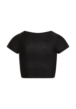 Lisminas 063 T-Shirt in Schwarz: kurz geschnitten, kurzärmlig mit dezenter Struktur und hohem Tragekomfort in Lederoptik.