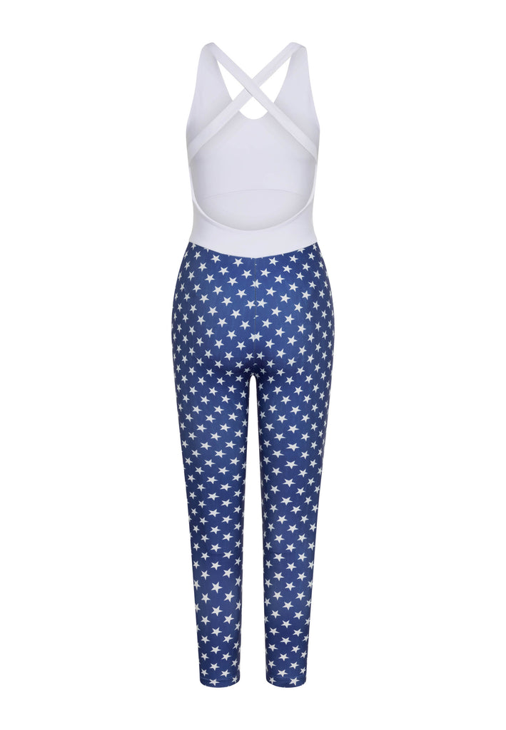 1321 single cross jumpsuit in white & blue patterned