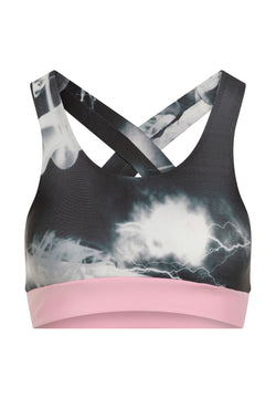 Sport-BH Lismina 171 in Pink und Grau mit Gewitterhimmel-Aufdruck und überkreuzten Trägern mit rosa Band.