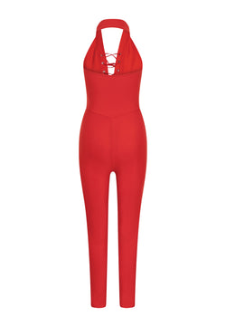 Roter Lucia-Jumpsuit von Esmeralda: ärmellos, Neckholder-Ausschnitt, Schnürausschnitt.