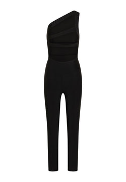 Esmeraldas Helen-Jumpsuit: ein schwarzes One-Shoulder-Stück mit taillierter Taille und schmalen Beinen.