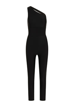Esmeraldas Helen Jumpsuit in Schwarz, One-Shoulder-Design mit taillierter Taille und schmalen Beinen auf weißem Hintergrund.