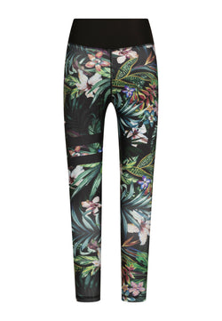 Die 876 Extra High Waist Leggings von Lismina in Schwarz & Grün geblumt verfügen über ein lebendiges tropisches Design auf dunklem Hintergrund.
