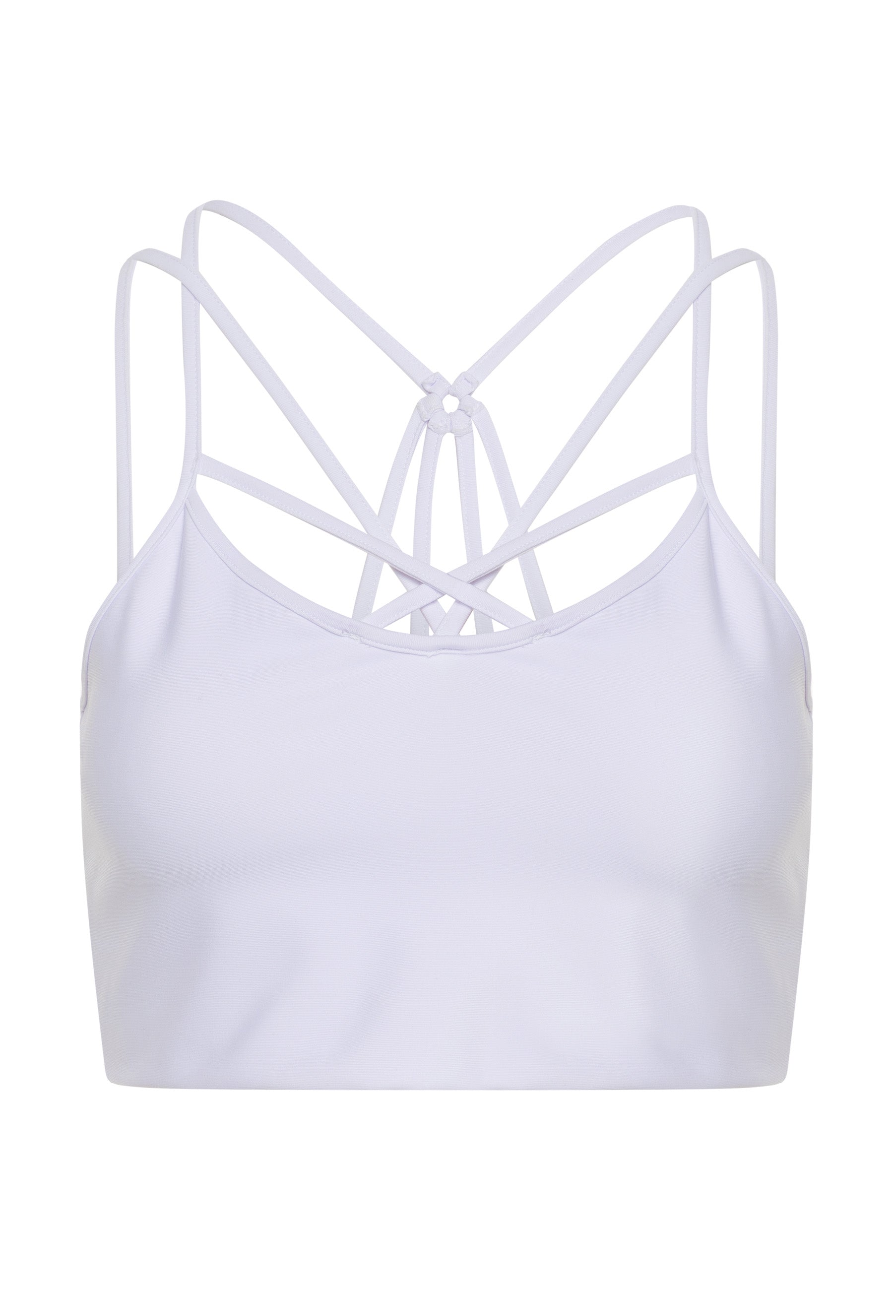 Lismina 121 Sport-BH in Weiss mit aufwendigem Criss-Cross-Träger auf der Rückseite vor schlichtem Hintergrund.