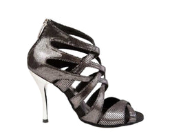 Lidmag 781 Tanzschuhe: Schwarze Riemchen-Pumps mit metallischer Textur und silbernem Stiletto.