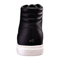 Rückansicht der Fuego High-Top Dance Sneakers, Schwarze/Weiss von Fuego Dance Shoes, mit Flammenlogo und weißer Sohle.