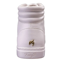 Weiße Fuego High-Top-Tanz-Sneaker von Fuego Dance Shoes mit goldenem Flammenlogo auf der Rückseite und „Fuego“ auf der Ferse.