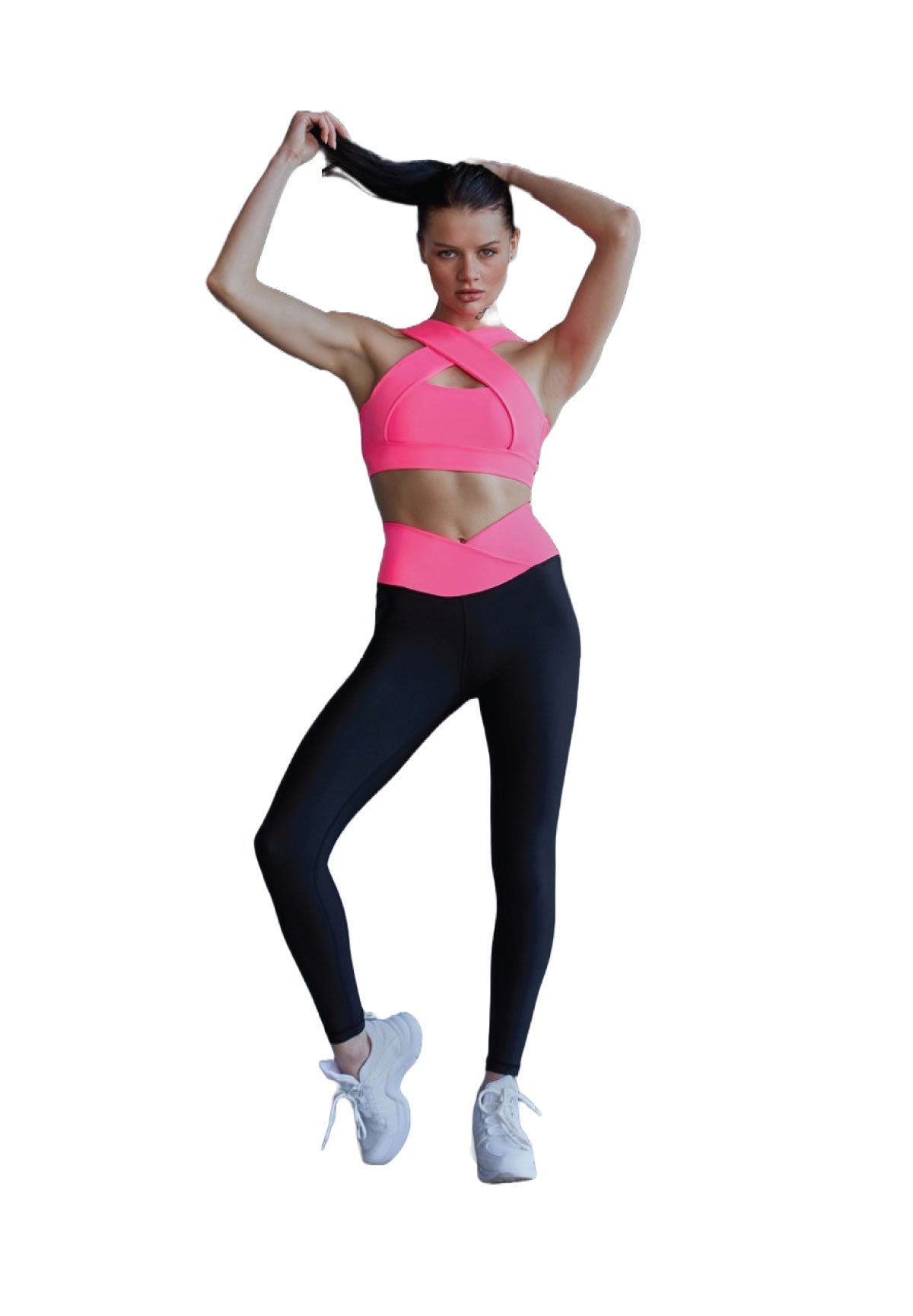 Person in Lismina 1043 Extra High Waist Leggings Schwarz und Pink, posiert mit angewinkeltem Bein und weißen Sneakers.