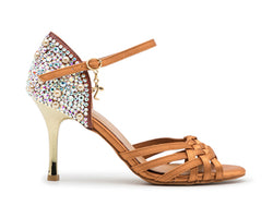 Mimoza Tanzschuhe in Bronze von Dancing Queens: Braune Sandalette mit Fesselriemchen, goldenem Absatz & Swarovski-Kristallen.