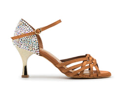 Bronzefarbene Mimoza-Tanzschuhe von Dancing Queens mit gewebten Riemen, Swarovski-Absatz und bequemem Knöchelriemen.