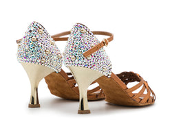 Rückansicht der Mimoza-Tanzschuhe von Dancing Queens in Bronze, mit Swarovski-Absätzen und Knöchelriemen.