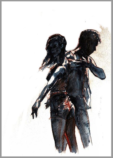 A6 Postkarte Bachata-Tanz von Corina: Abstrakte Tänzer Rücken an Rücken mit dynamischen dunklen Pinselstrichen auf Weiß.