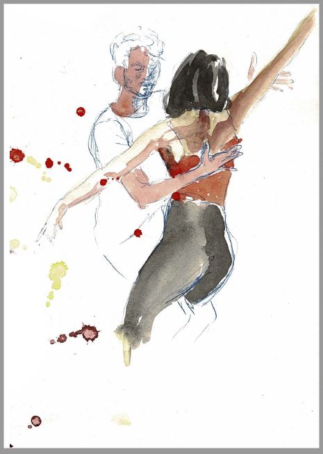 Corinas A6-Postkarte Bachata y Amor zeigt Tänzer in abstraktem Rot und Gelb, ideal für eine Geburtstagskarte.