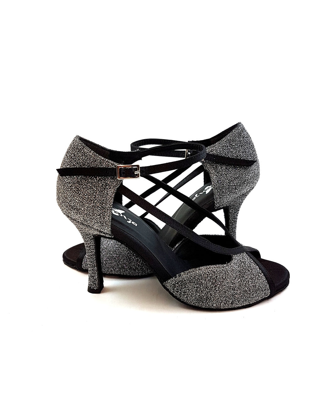 ESP07 Tanzschuhe in Schwarz & Silber von Dancing Queens: Glitzernde High Heels mit überkreuzten Riemchen.