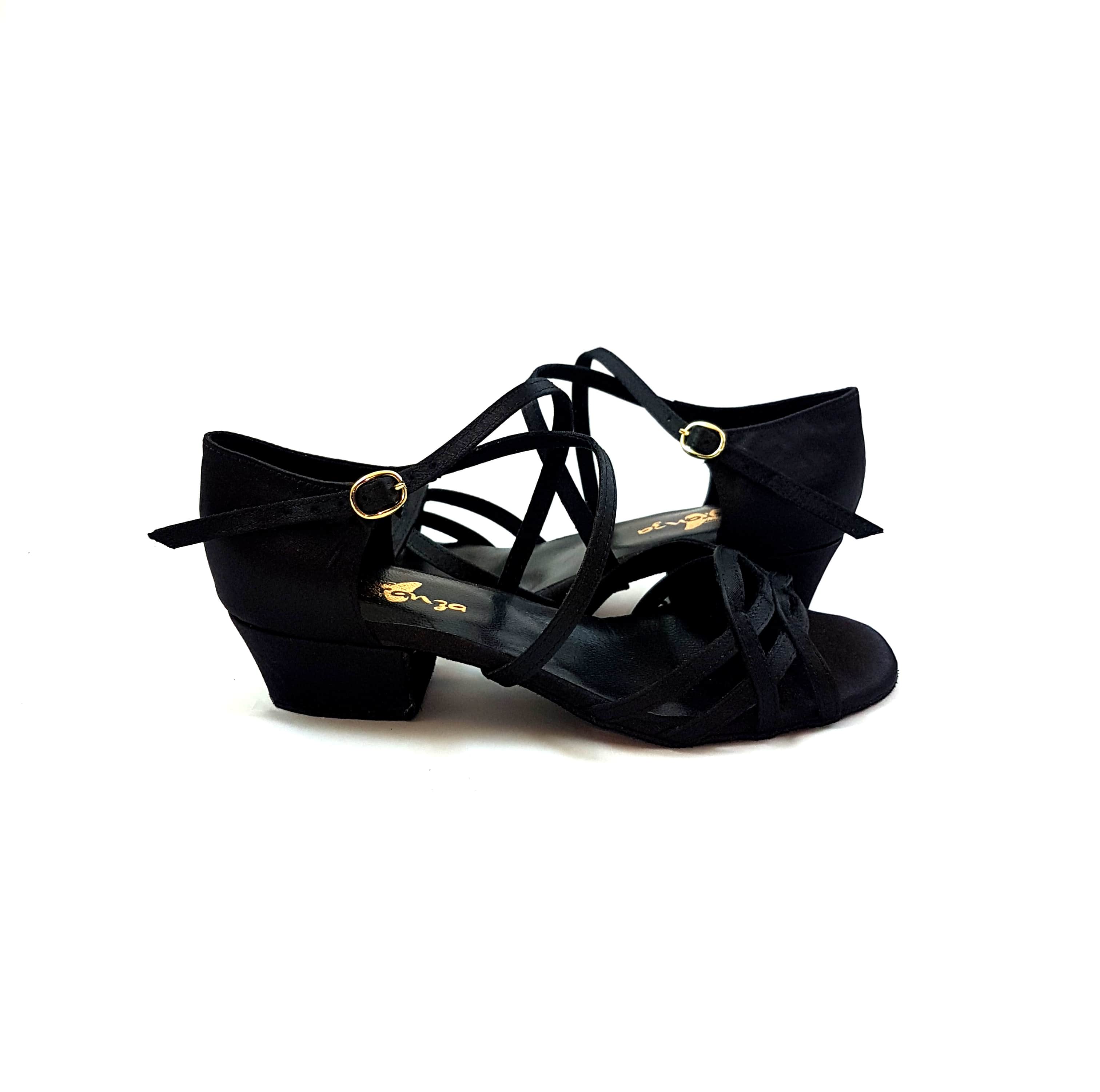 Esperanza Kinder-Tanzschuhe in Schwarz von Dancing Queens; mit niedrigem Absatz, goldenen Schnallen und veganen Materialien.