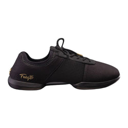 Fuego Dance Sneakers Split Sole in Schwarz mit stoßdämpfenden Einlegesohlen auf weißem Hintergrund.