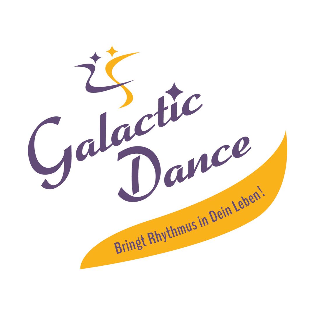 Logo mit „Galactic Dance“ in Lila, gelbes Banner mit der Aufschrift „Bringt Rhythmus in Dein Leben!“ für Tanzkurse Altstetten.