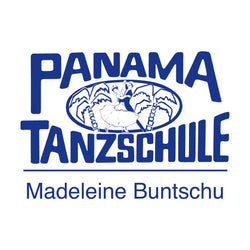 Panama Tanzschule: Blaues Logo mit Tanzpaar, Palmen und Text „Madeleine Buntschu“ von Tanzkurse.