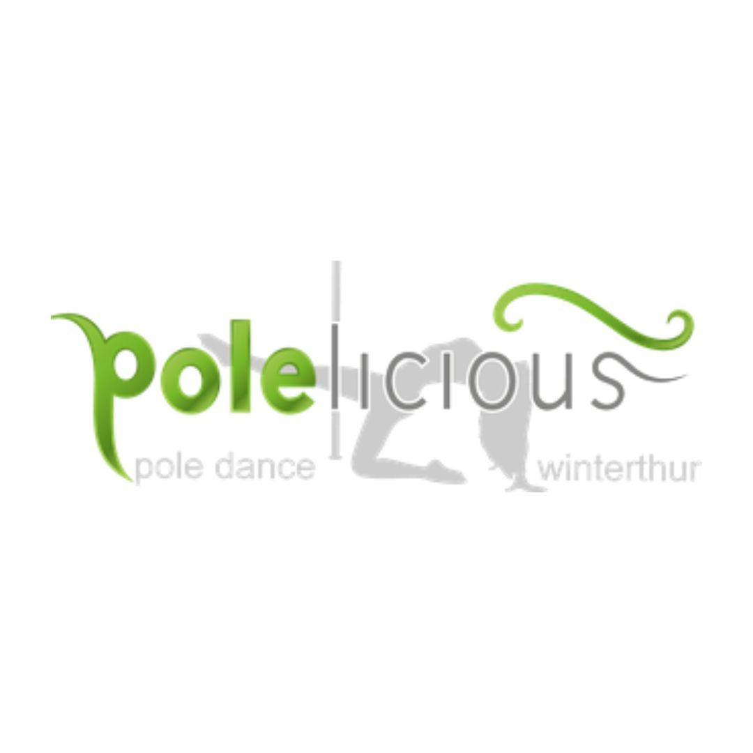 Polelicious von Tanzkurse: Ein Logo mit einer Pole-Tänzer-Silhouette und „Pole Dance“, „Winterthur“ – Flexibilität in Bewegung.