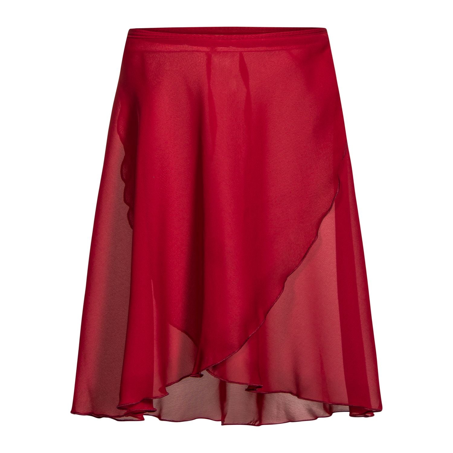Der Rumpf R3050 Chiffon Wickelrock in Bordeaux ist mit seinem asymmetrischen Saum unverzichtbar für die Anmut einer Tänzerin.