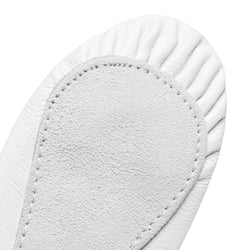Nahaufnahme des Rumpf 1001 Ballettschläppchen Weiss mit genähter geteilter Chromledersohle und Wildlederstruktur.
