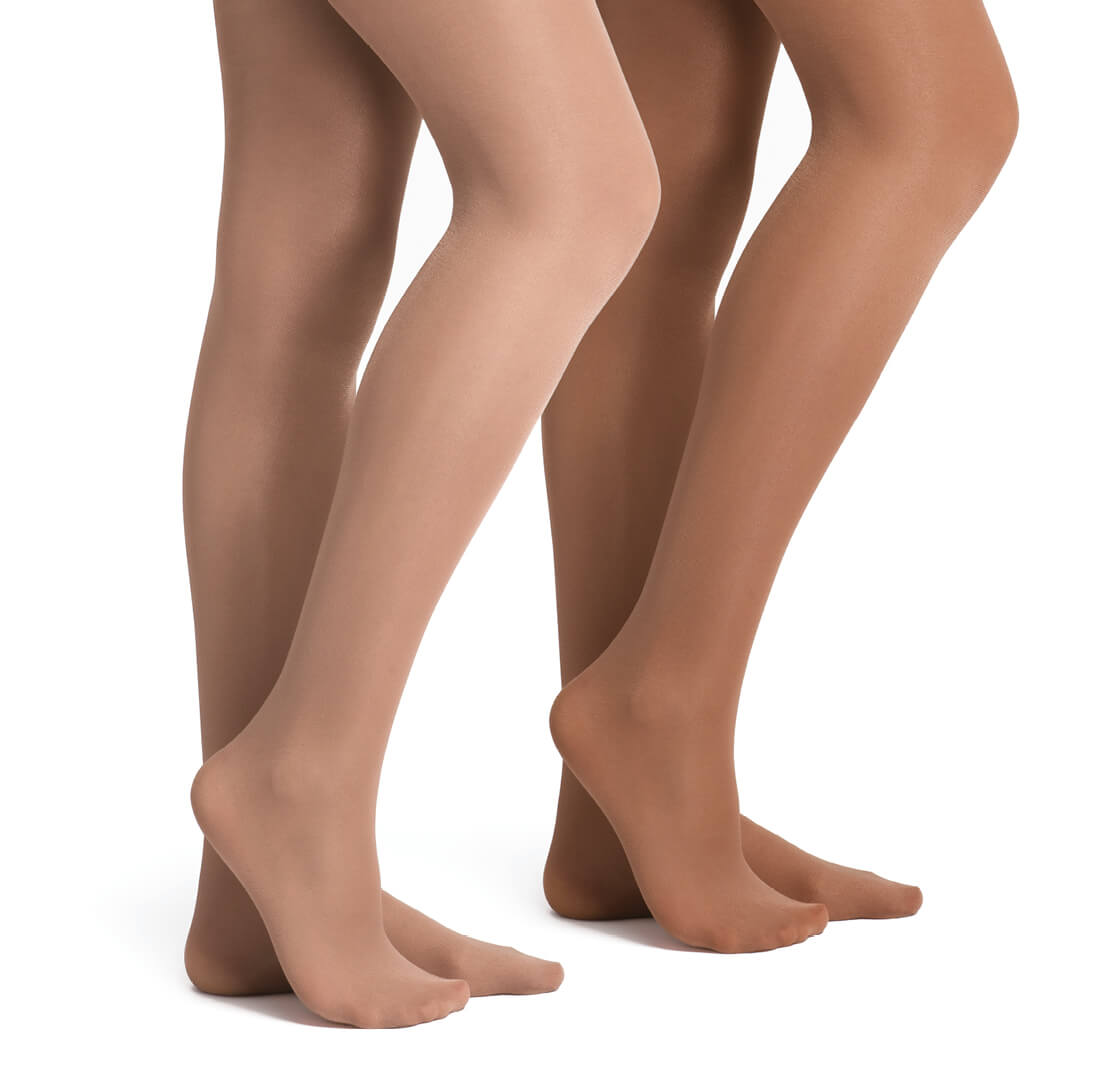 Zwei Rumpf „120 Glanzstrumpfhosen“, eine in Sonnenbraun und eine dunkler, auf weißem Hintergrund abgebildet.