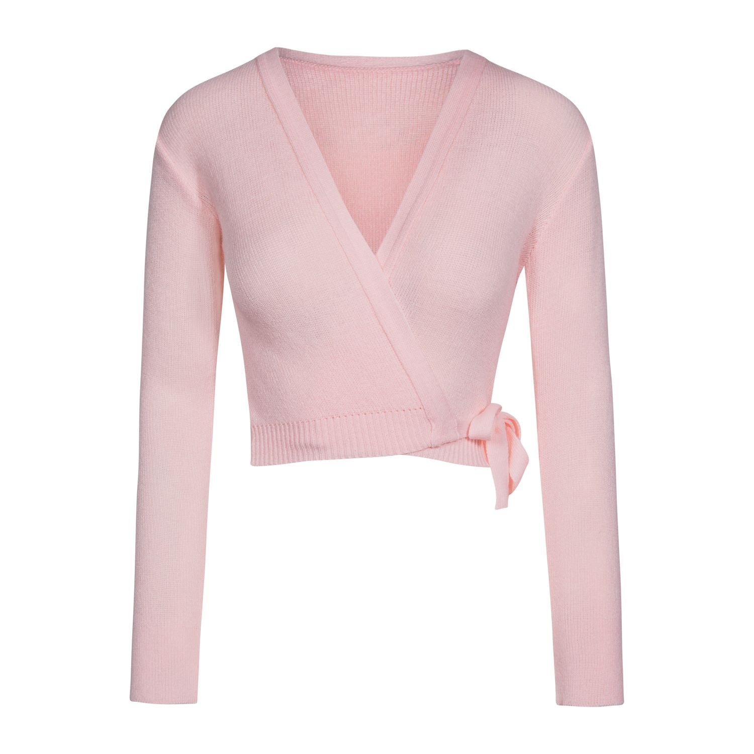 Die M6000 Intermezzo Wickeljacke Elisa in Rosa von Rumpf, mit langen Ärmeln und seitlicher Schleife, auf weißem Grund.