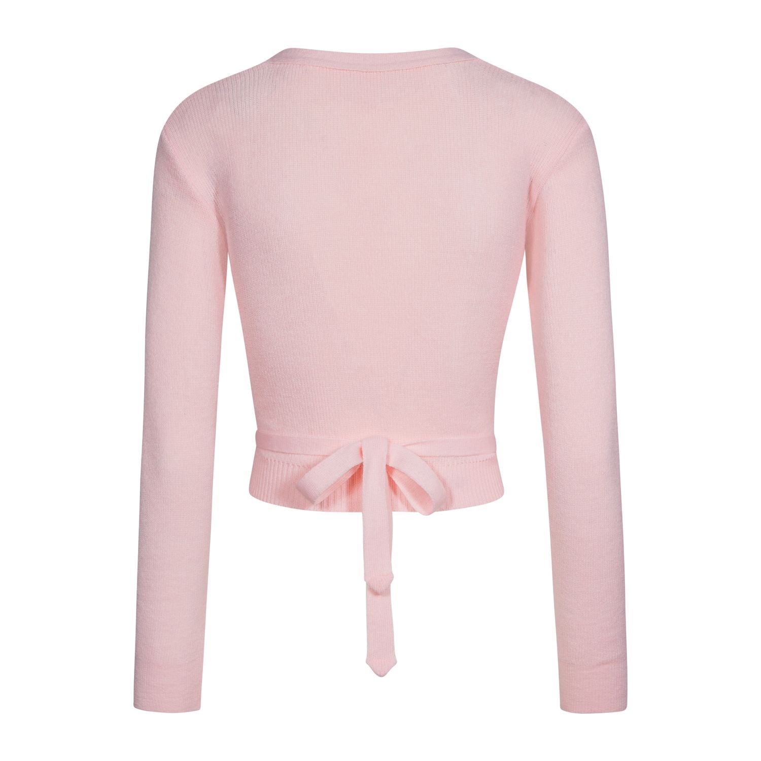 Rumpfs M6000 Intermezzo Wickeljacke Elisa in Rosa ist ein hellrosa Langarmpullover mit Taillenband, Rückansicht.