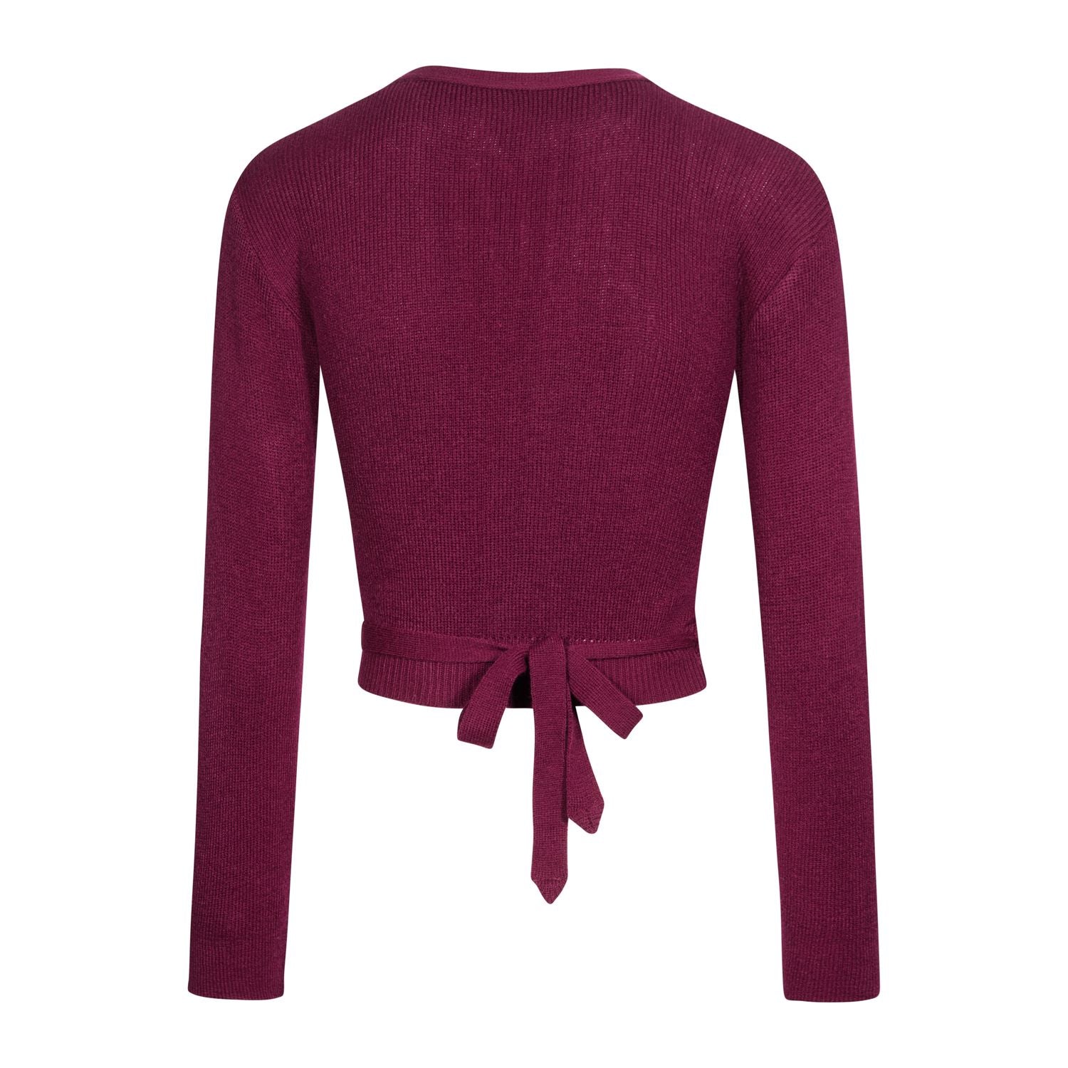 Rückansicht der M6000 Intermezzo Wickeljacke Elisa von Rumpf in Bordeaux mit gebundener Taillen-Eleganz.