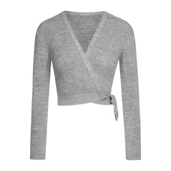 M6000 Intermezzo Wickeljacke Elisa von Rumpf: Grauer gerippter Wickelpullover mit langen Ärmeln und seitlicher Schleife, ideal für kühle Tage.