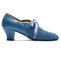 Rumpfs 9231 Damen-Swingschuhe in Blau: handgefertigtes Leder, niedriger Absatz, Schleife und zartes Cut-Out-Design.