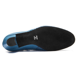 Die blauen Rumpf 9231 Damen-Swingschuhe verfügen über eine schwarze Sohle, das Etikett „Made in Italy“ und sichtbare Größenangaben.