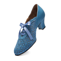 Handgefertigte 9231 Damen-Swingschuhe von Rumpf, blaues Leder mit Cut-Out-Design und Satinband-Schnürsenkeln.