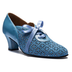 Rumpf 9231 Damen-Swingschuhe: Blaues Leder im Vintage-Stil mit Cut-Outs und Satinband-Schnürsenkeln.