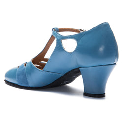 Rumpf 9233 Damen-Swingschuhe in Blau mit kräftiger Absatz, Cutout-Design und diagonal hinten gesehenem Knöchelriemen.
