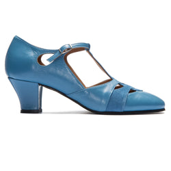Die 9233 Damen-Swingschuhe in Blau von Rumpf sind hochwertige T-Riemen-Pumps aus Leder mit geschlossener Spitze und niedrigem Blockabsatz.