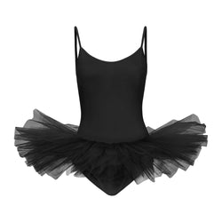 Rumpf R3105 Tutu und Body in Schwarz mit Spaghettiträgern und mehrlagigem Tüllrock, Vorderansicht.