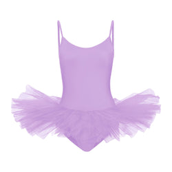 Rumpf R3105 Tutu und Body in Lila mit Spaghettiträgern und Tüllrock auf weißem Hintergrund.