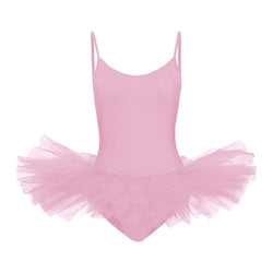 Das rosa Tutu und der Body R3105 von Rumpf haben Spaghettiträger und einen mehrlagigen Tüllrock auf weißem Hintergrund.