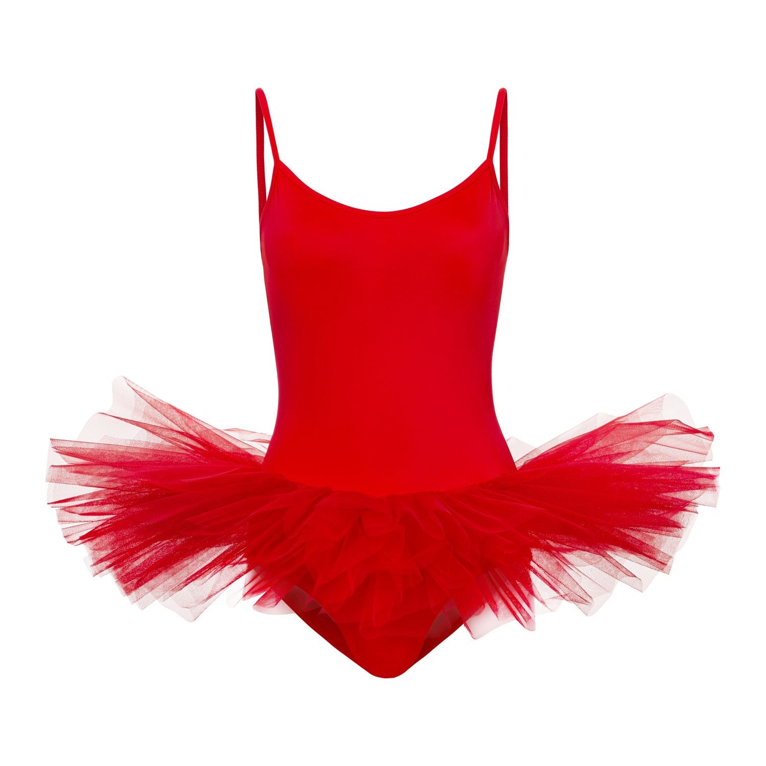 Rumpf R3105 leuchtend rotes Tutu und Body mit geschichtetem Tüllrock, isoliert auf weißem Hintergrund.